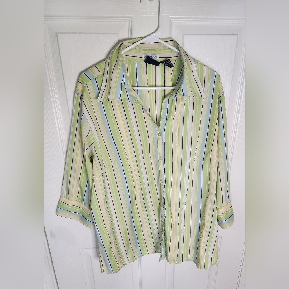 Cotton Express Striped Stretch Button Up Collared Womens Blouse 18W